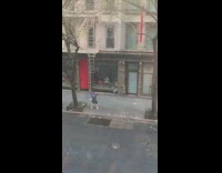 Guy lifts dumbbells by store display window 