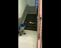 Neighbor cuts block of raw meat on cutting board on apartment stairs