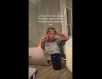 Girl red face eating snacks mom watching