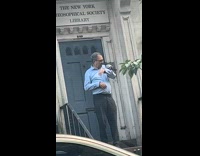 Collab winy - Man blue shirt pigeon on arm library