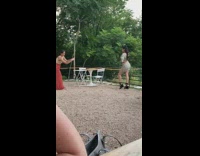 Brown plaid dress girl rooftop restaurant patio 