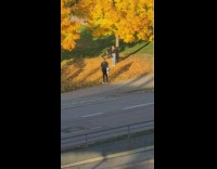 Woman did a cartwheel while dried leaves fall from umbrella