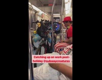 Clown performer plays EDM on train 