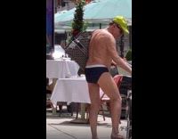 Man wears underwear walks on the street