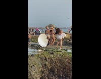 Woman violet bikini polo reflector beach pictorial