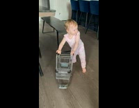 Baby girl walk push small shopping cart
