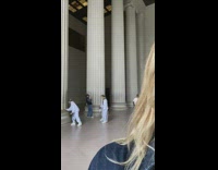 Three girls white hoodie  lincoln memorial pillar