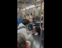 Guy do lip sync play music on his speakers at train 