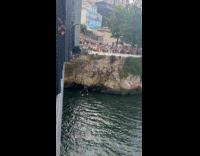 Man run and jumps from the bridge