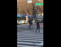 Guy rides bicycle with girl in basket