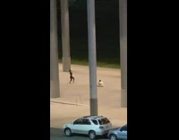 Girl dances white shirt guy sits ground 