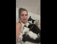 Cat laying on woman loves cuddling with her 
