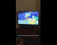 small black dog howls to squidward