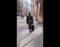 Person with hair sticking straight up sidewalk 