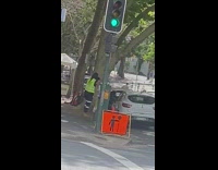 Neon green vest girl selfie sidewalk cars