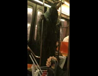 Hairy grass monster rides subway train long hair