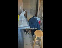 Aggressive dog tries to jump and bite at guy medicine 