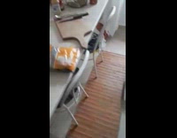 Guy toasts eats marshmallow metal fork kitchen 