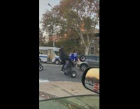 Guy does wheelie on ATV through traffic and blocks traffic