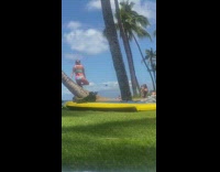 Woman bikini leans on palm tree pictorial by daughter