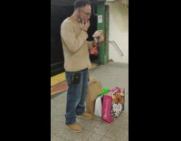 Collab Subway Creatures - Guy Eats Ice Cream Out of Container with Fingers at Subway Station