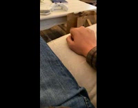 Grey cat jumps to grab finger of owner