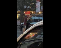 Man cutting wood on branch tied on car 
