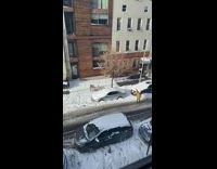 Large reindeer head costume walk street snow