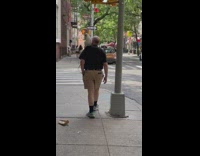 Guy crosses street with parrot 