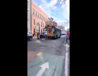 Man plays with Hoop bus on street