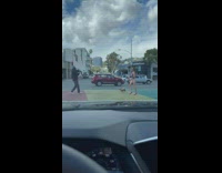 Lady wearing bodysuit walks dog across street