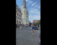 Woman blue outfit jump shot band park