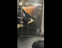 Man lays down on seat and pees in subway train