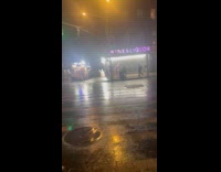 Two women christmas tree costume street night