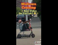 Woman drives scooter and shopping cart