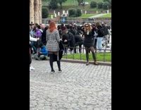 Woman in black dress poses at the park with tourist behind