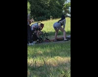 Girl twerk dance lay ground park baby