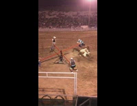 Four men dodging bull on red seesaw at rodeo