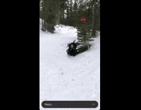 Guy sleds down hill in the snow, crashes into woman and knocks her down