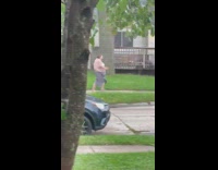 Overweight man runs on sidewalk
