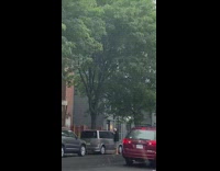 Guy spraying windex on his car in the pouring rain 
