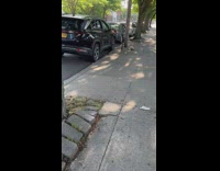 Person walks down street showing cars with broken windows