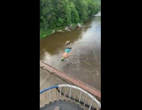 Green hat guy flip off bridge water