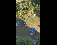 Girl green sexy bikini blue sun bed