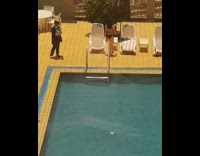 Black bikini girl hotel pool yellow tiles 