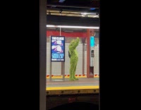The Grinch stands on platform waits subway