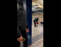 Man dance in train station with skeleton