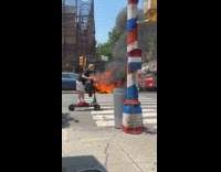 Car burn on crosswalk front hood explodes