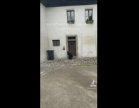 Girl in black coat petting orange cat on street 