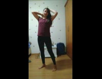 Red shirt girl spins almost falls bedroom 